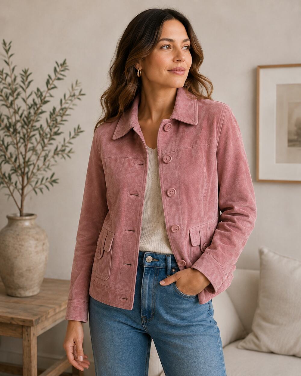 Cherokee Leather Jacket Womens L Pink Mauve Button Front Y2K Boho Vintage